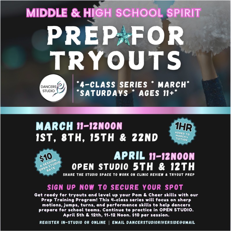 SPIRIT TRYOUT PREP - Ages 11 & UP  MARCH 1ST, 8TH, 15TH & 22ND | 11-12 NOON